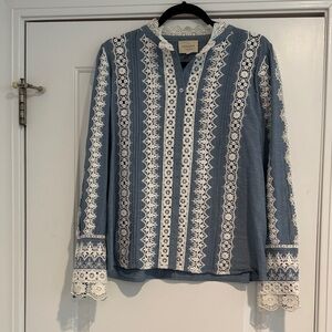 Sezane Denim Blue Blouse with White Lace